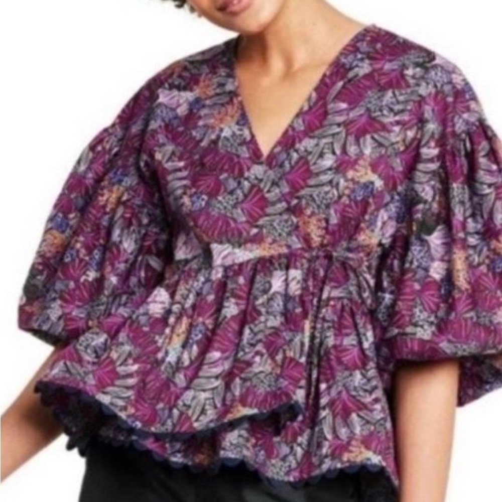Kika Vargas Floral V-Neck Puff Sleeve Top - Blouse